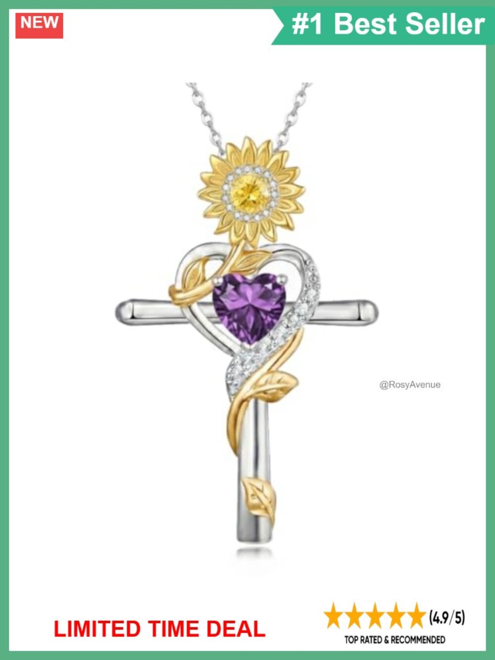 Two-Tone Sunflower Cross Necklace with Amethyst Birthstone Pendant